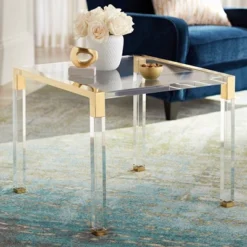 55 Downing Street Modern Cast Acrylic Accent Side End Table 23 1/2" X 24" Clear Gold Spaces Living Room Bedroom Bedside Entryway