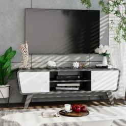Tangkula Mid Century TV Stand For TVs Up To 55" Media Console Table Sliding Door -HOMCOM Shop GUEST 111acc57 040c 49e3 89f8 e58a9b698d7e