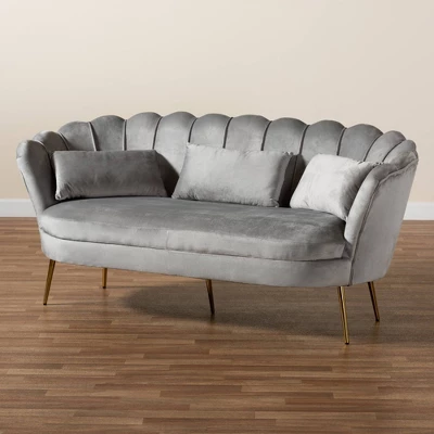 Genia Velvet Fabric Upholstered And Metal Sofa Gray/Gold - Baxton Studio 12 Genia Velvet Fabric Upholstered And Metal Sofa Gray/Gold - Baxton Studio - Image 10