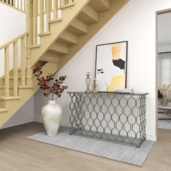 Contemporary Metal Pattern Console Table Silver - Olivia & May -HOMCOM Shop GUEST 1cc59ac8 ddbb 4966 9c07 47efef26bff2