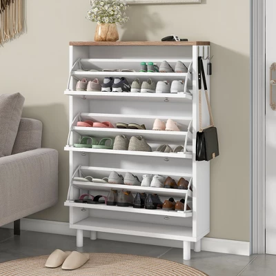 Narrow Design Shoe Cabinet With 3 Flip Drawers, 3 Hooks And Adjustable Panels - ModernLuxe 3 Narrow Design Shoe Cabinet With 3 Flip Drawers, 3 Hooks And Adjustable Panels - ModernLuxe