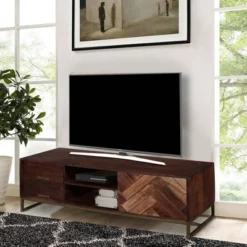 2 Drawer Mango Wood Cabinet With Herringbone Inlaid Door Storage TV Stand For TVs Up To 70" Brown - The Urban Port -HOMCOM Shop GUEST 321e0457 ccdd 41c4 b6a5 4b0f9af63bf6
