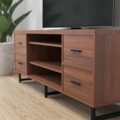 Cambridge Three Shelf And Four Drawer TV Stand For TVs Up To 65" With Square Metal Legs Rustic - Merrick Lane