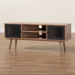 Yuna Natural Wood And Metal 2 Door TV Stand For TVs Up To 40" Brown/Black - Baxton Studio -HOMCOM Shop GUEST 3c3a84ad d6f8 448f 9fa2 52e7d18710f7