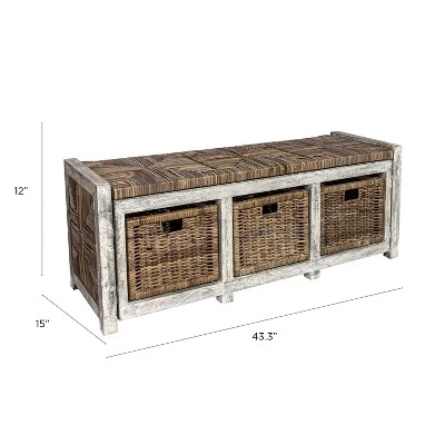 Happimess Rustic 43.3" 3 Drawer Wicker Storage Bench, Gray 8 Happimess Rustic 43.3" 3 Drawer Wicker Storage Bench, Gray - Image 6