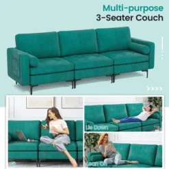 Costway Modern Modular 3-Seat Sofa Couch W/ Side Storage Pocket & Metal Leg Teal -HOMCOM Shop GUEST 3f0089ec 6dcf 4270 85d5 aadc281a4627