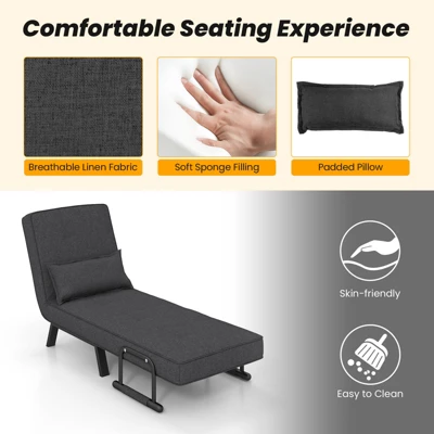 Costway Folding 6 Position Armchair Lounge Couch Convertible Sleeper Bed W/ Pillow Gray 8 Costway Folding 6 Position Armchair Lounge Couch Convertible Sleeper Bed W/ Pillow Gray - Image 6