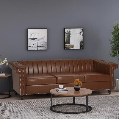 Drury Contemporary Channel Stitch 3 Seater Sofa With Nailhead Trim - Christopher Knight Home 3 Drury Contemporary Channel Stitch 3 Seater Sofa With Nailhead Trim - Christopher Knight Home