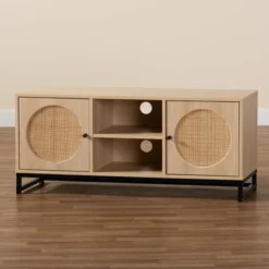 Ardon Bohemian Wood And Metal 2 Door Natural Rattan TV Stand For TVs Up To 40" Light Brown/Black - Baxton Studio -HOMCOM Shop GUEST 4a478c04 ed1c 4bc3 91bf ac12b05e69cf