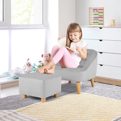 Costway Kids Sofa Chair W/ Ottoman Toddler Single Sofa Velvet Upholstered Couch GreyPink 4 Costway Kids Sofa Chair W/ Ottoman Toddler Single Sofa Velvet Upholstered Couch GreyPink - Image 2