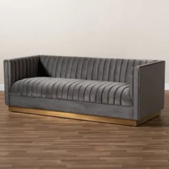Aveline Velvet Upholstered Finished Sofa Gray/Gold - Baxton Studio -HOMCOM Shop GUEST 6602a4a8 0700 4192 ac47 9a16d70210bb