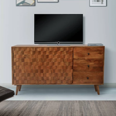 2 Door Honeycomb Design Wooden TV Console With 3 Drawers Walnut Brown - The Urban Port 7 2 Door Honeycomb Design Wooden TV Console With 3 Drawers Walnut Brown - The Urban Port - Image 5