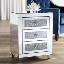 Studio 55D Modern Mirrored Rectangular Accent Side End Table 20" X 14" With 3-Drawer Silver Glass Crystal Living Room Home House