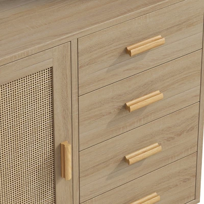 Wooden Cabinet With 4 Drawers And Rattan Decorative Doors, Natural - ModernLuxe 8 Wooden Cabinet With 4 Drawers And Rattan Decorative Doors, Natural - ModernLuxe - Image 6