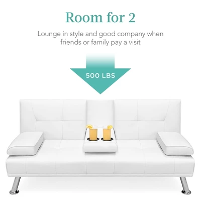 Best Choice Products Modern Faux Leather Convertible Futon Sofa W/ Removable Armrests, Metal Legs, 2 Cupholders - White 4 Best Choice Products Modern Faux Leather Convertible Futon Sofa W/ Removable Armrests, Metal Legs, 2 Cupholders - White - Image 2