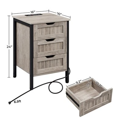 Yaheetech Rustic Side Table With 3 Drawers And Charging Station, Gray 4 Yaheetech Rustic Side Table With 3 Drawers And Charging Station, Gray - Image 2