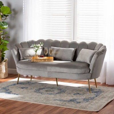 Genia Velvet Fabric Upholstered And Metal Sofa Gray/Gold - Baxton Studio 3 Genia Velvet Fabric Upholstered And Metal Sofa Gray/Gold - Baxton Studio