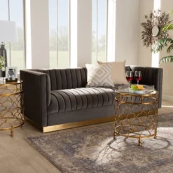 Aveline Velvet Upholstered Finished Sofa Gray/Gold - Baxton Studio -HOMCOM Shop GUEST 7ca3375a 38b2 48b1 8ad3 83f78df72553