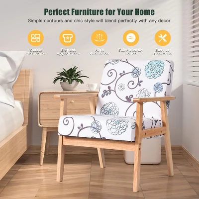 Costway Modern Accent Armchair Fabric Lounge Chair W/Rubber Wood Leg White&Blue Floral 7 Costway Modern Accent Armchair Fabric Lounge Chair W/Rubber Wood Leg White&Blue Floral - Image 5