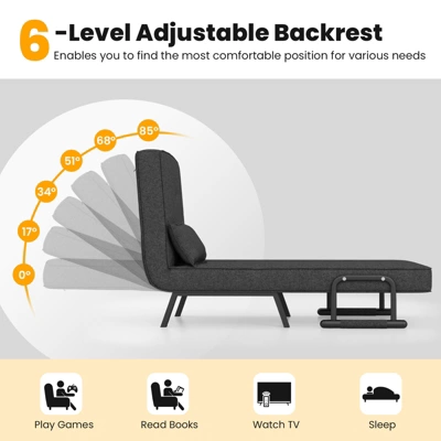 Costway Folding 6 Position Armchair Lounge Couch Convertible Sleeper Bed W/ Pillow Gray 6 Costway Folding 6 Position Armchair Lounge Couch Convertible Sleeper Bed W/ Pillow Gray - Image 4
