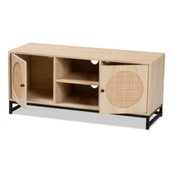 Ardon Bohemian Wood And Metal 2 Door Natural Rattan TV Stand For TVs Up To 40" Light Brown/Black - Baxton Studio