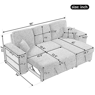 95" Pull Out Sleeper Sofa, Reversible L-Shape Sectional Couch With Storage Chaise And 2 Stools-ModernLuxe 4 95" Pull Out Sleeper Sofa, Reversible L-Shape Sectional Couch With Storage Chaise And 2 Stools-ModernLuxe - Image 2