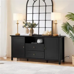 Yaheetech 58in Modern TV Console Table With Power Outlet Black