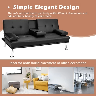 Costway Convertible Folding Futon Sofa Bed Leather W/Cup Holders&Armrests WhiteBlackBrown 6 Costway Convertible Folding Futon Sofa Bed Leather W/Cup Holders&Armrests WhiteBlackBrown - Image 4