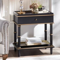 55 Downing Street Modern Luxe Wood Rectangular Accent Side End Table 15" X 24" With Drawer Shelf Black Gold For Living Room Home