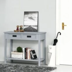 HOMCOM Console Table With 2 Storage Drawers And Open Shelf, Modern Sofa Table For Hallway, Living Room, Or Bedroom, Gray