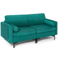 Costway Modern Loveseat 2-Seat Sofa Couch W/ 2 Bolsters Side Storage Pocket Teal -HOMCOM Shop GUEST 9dbdeb99 369f 4e38 806b 772d102a357d