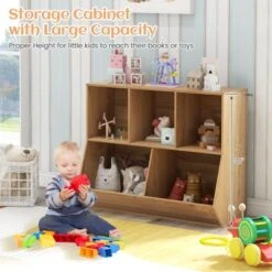 Costway 5-Cubby Kids Toy Storage Organizer Wooden Bookshelf Display Cabinet Natural/White -HOMCOM Shop GUEST a772da57 0ca4 4205 ad9e d4b121480f38