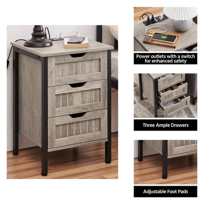 Yaheetech Rustic Side Table With 3 Drawers And Charging Station, Gray 6 Yaheetech Rustic Side Table With 3 Drawers And Charging Station, Gray - Image 4
