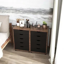 Costway 5 Drawer Chest Storage Dresser Floor Cabinet Organizer With Wheels Rustic Brown -HOMCOM Shop GUEST bd55b4ba a181 4425 b1b1 117159627e42