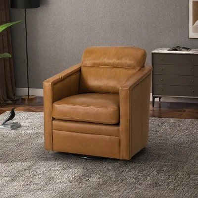 Eulalia 28.74''Wooden Upholstery Wide Genuine Leather Swivel Chair With Swivel Metal Base And Squared Arms | ARTFUL LIVING DESIGN 3 Eulalia 28.74''Wooden Upholstery Wide Genuine Leather Swivel Chair With Swivel Metal Base And Squared Arms | ARTFUL LIVING DESIGN