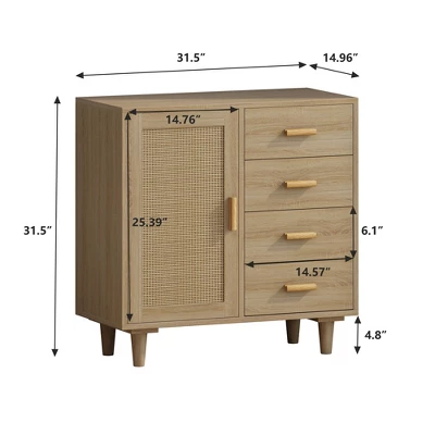 Wooden Cabinet With 4 Drawers And Rattan Decorative Doors, Natural - ModernLuxe 4 Wooden Cabinet With 4 Drawers And Rattan Decorative Doors, Natural - ModernLuxe - Image 2