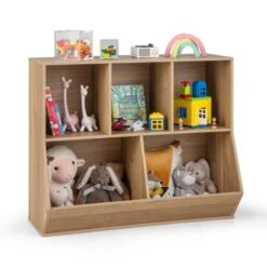 Costway 5-Cubby Kids Toy Storage Organizer Wooden Bookshelf Display Cabinet Natural/White -HOMCOM Shop GUEST c46f90b5 c87a 4725 9548 72f846adc802