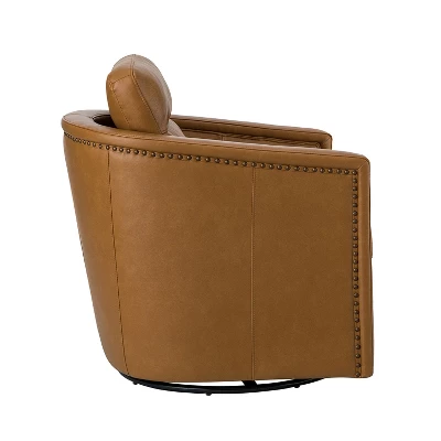 Eulalia 28.74''Wooden Upholstery Wide Genuine Leather Swivel Chair With Swivel Metal Base And Squared Arms | ARTFUL LIVING DESIGN 4 Eulalia 28.74''Wooden Upholstery Wide Genuine Leather Swivel Chair With Swivel Metal Base And Squared Arms | ARTFUL LIVING DESIGN - Image 2