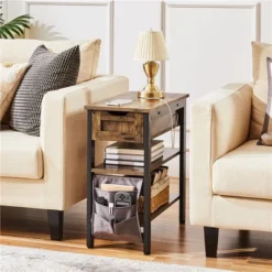 Yaheetech 2 Shelves Narrow End Table With Power Outlets And USB Charging Ports, Rustic Brown