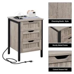 Yaheetech Rustic Side Table With 3 Drawers And Charging Station, Gray 10 Yaheetech Rustic Side Table With 3 Drawers And Charging Station, Gray -HOMCOM Shop GUEST cf957dfe 8b83 410b a099 16c2381943dc