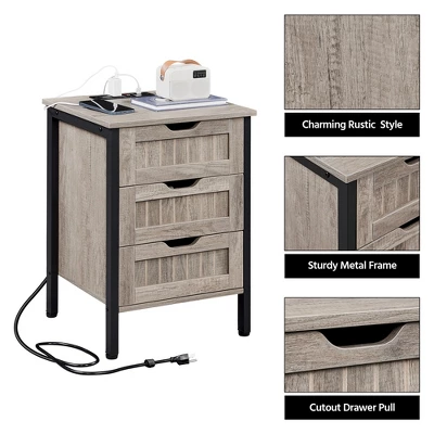 Yaheetech Rustic Side Table With 3 Drawers And Charging Station, Gray 5 Yaheetech Rustic Side Table With 3 Drawers And Charging Station, Gray - Image 3