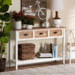 Benedict Two-Tone Wood 3 Drawer Console Table White/Oak - Baxton Studio 13 Benedict Two-Tone Wood 3 Drawer Console Table White/Oak - Baxton Studio -HOMCOM Shop GUEST dc427962 3b5f 485c b446 14f39b8df1d0