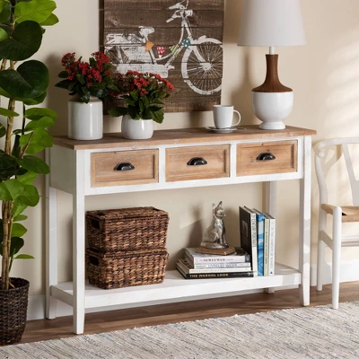 Benedict Two-Tone Wood 3 Drawer Console Table White/Oak - Baxton Studio 7 Benedict Two-Tone Wood 3 Drawer Console Table White/Oak - Baxton Studio - Image 5