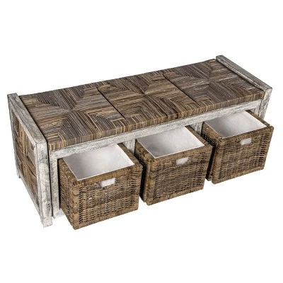 Happimess Rustic 43.3" 3 Drawer Wicker Storage Bench, Gray 5 Happimess Rustic 43.3" 3 Drawer Wicker Storage Bench, Gray - Image 3