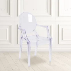 Emma And Oliver 4 Pack Oval Back Ghost Chair - Arms In Transparent Crystal - Stackable Side Chair