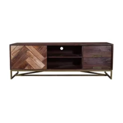 2 Drawer Mango Wood Cabinet With Herringbone Inlaid Door Storage TV Stand For TVs Up To 70" Brown - The Urban Port
