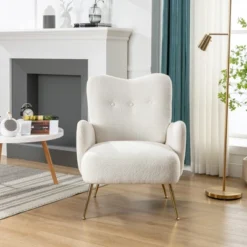 Modern Accent Chair With Golden Metal Legs, High Back Armchair In Teddy Short Plush Particle-ModernLuxe