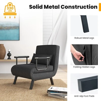 Costway Folding 6 Position Armchair Lounge Couch Convertible Sleeper Bed W/ Pillow Gray 9 Costway Folding 6 Position Armchair Lounge Couch Convertible Sleeper Bed W/ Pillow Gray - Image 7