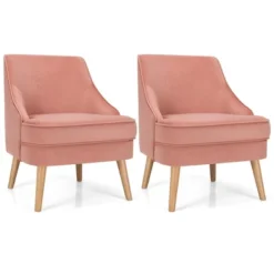 Costway Set Of 2 Accent Chairs Velvet Single Sofa Chair W/Rubber Wood Legs PinkGreenGrey -HOMCOM Shop GUEST ea9d0cec d333 42e7 9073 27285dad75c2
