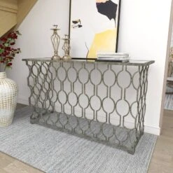 Contemporary Metal Pattern Console Table Silver - Olivia & May -HOMCOM Shop GUEST edca0087 535b 440c b8d3 400503107334